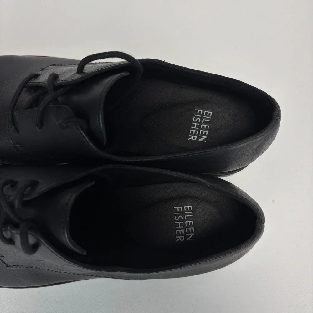 Eileen Fisher Oxford Shoes Women 7.5 Black Leather Lace Up Derby Minimalist Work